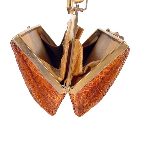 VINTAGE ALLIGATOR 40's 50's Bamboo Handle Kisslock Hardframe Mini Bag - Picture 8 of 12